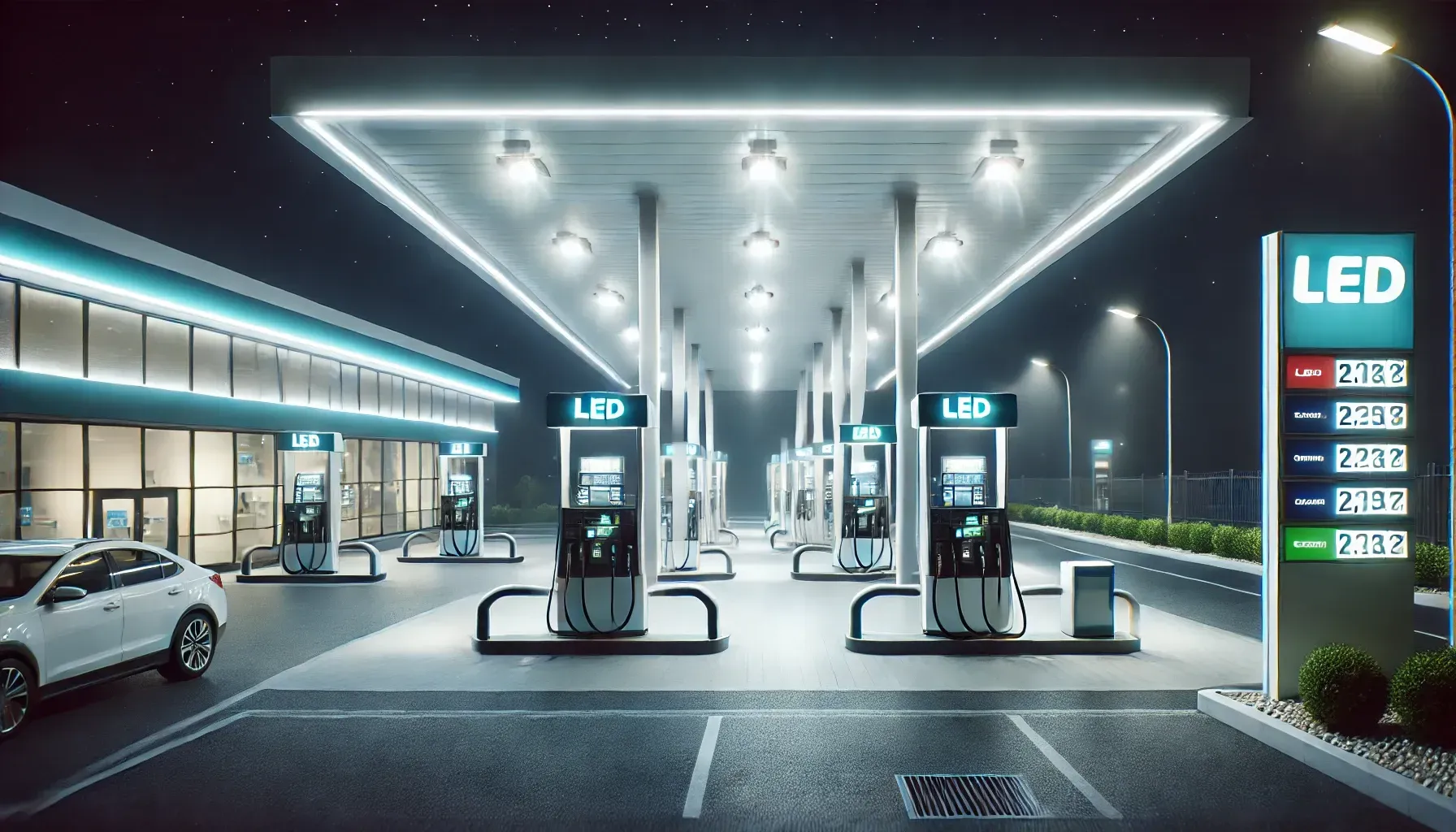 A car is parked in front of a gas station at night.