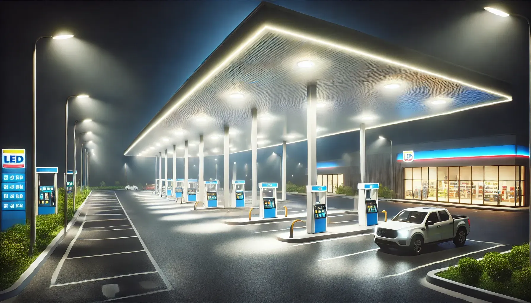 A car is parked in front of a gas station at night.