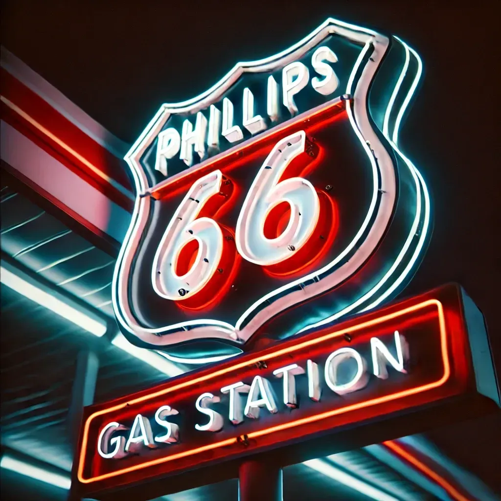 A neon sign for phillips 66 gas station