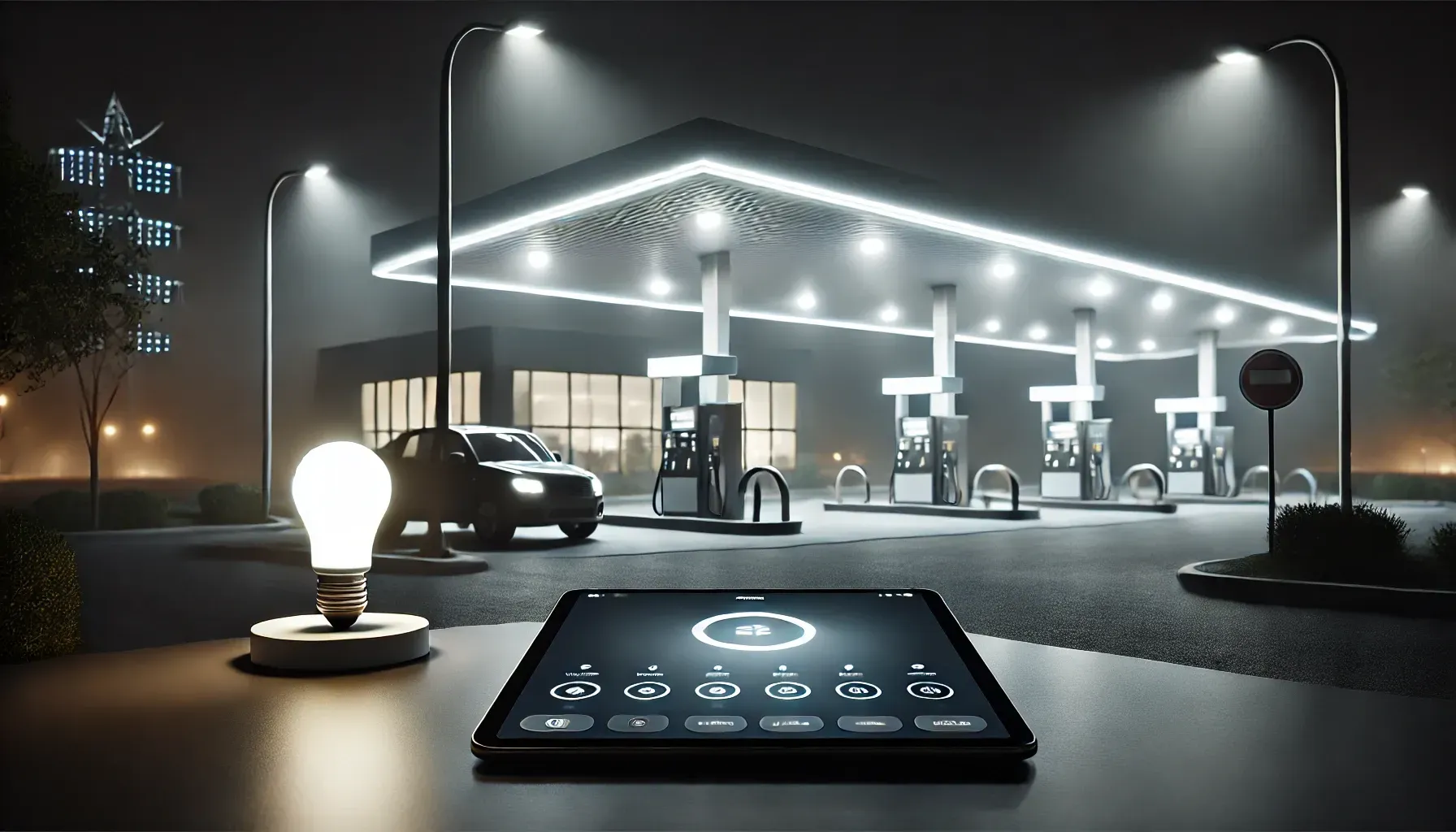 A tablet is sitting on a table in front of a gas station.