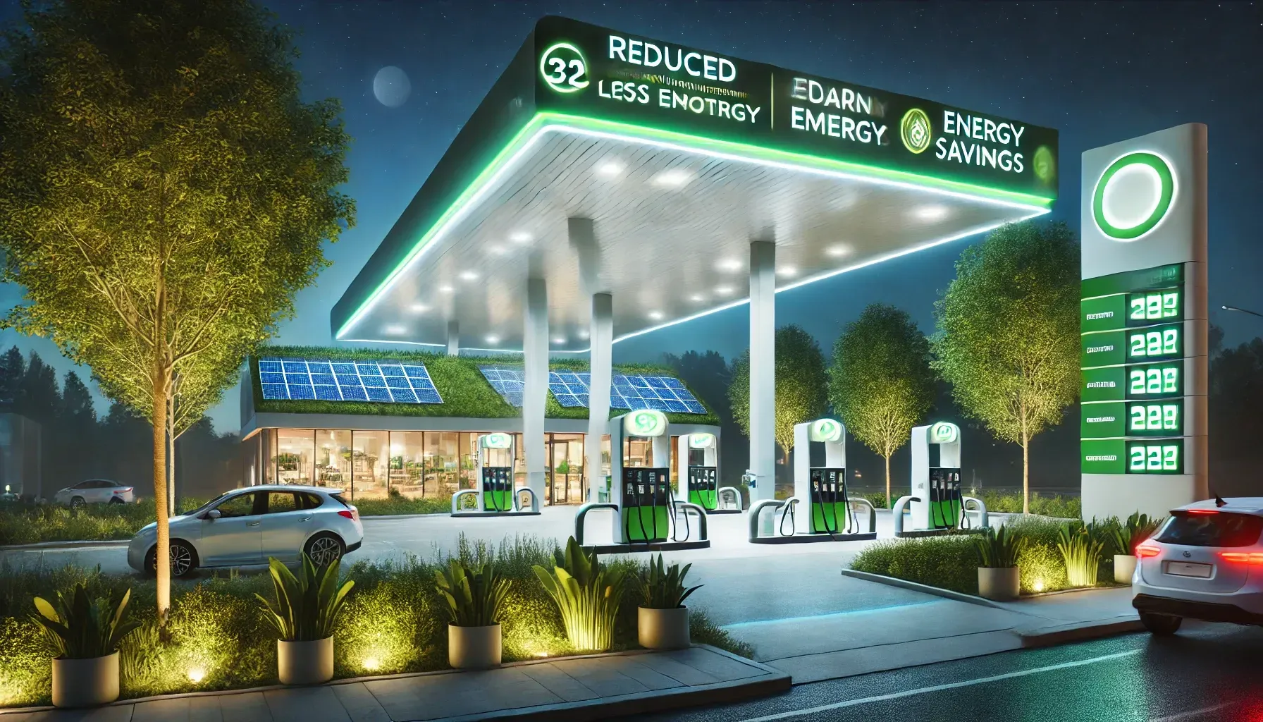 A car is parked in front of a gas station.