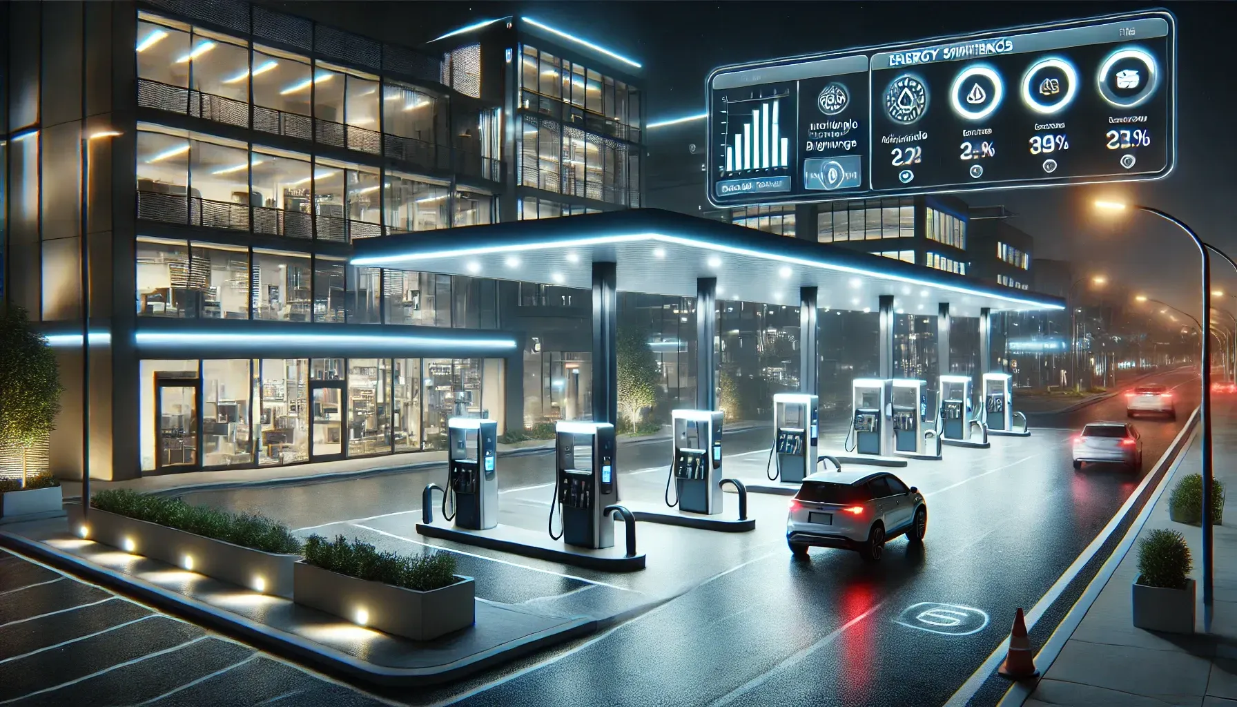 A car is driving past a gas station at night.