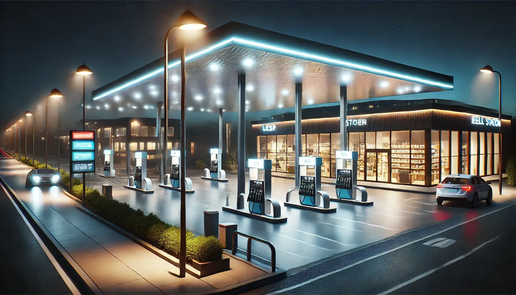 A gas station with cars parked in front of it at night.
