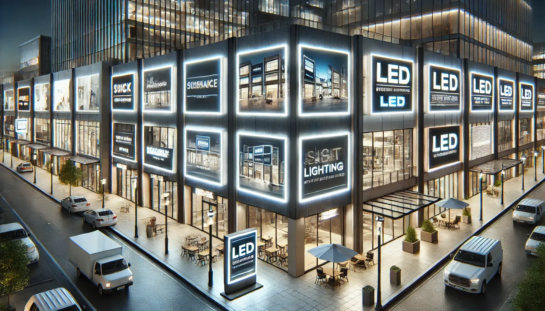 An artist 's impression of a large building with a lot of windows and a lot of lights on it.