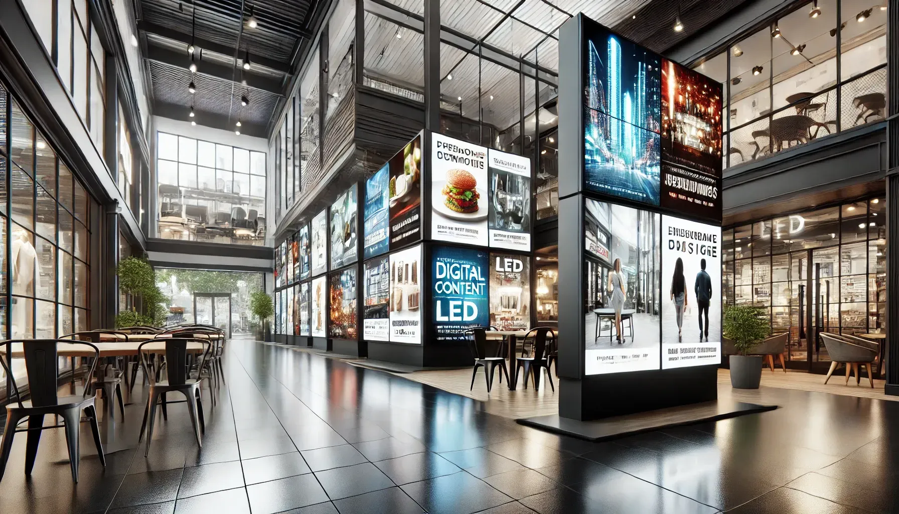An artist 's impression of a shopping mall with tables and chairs.