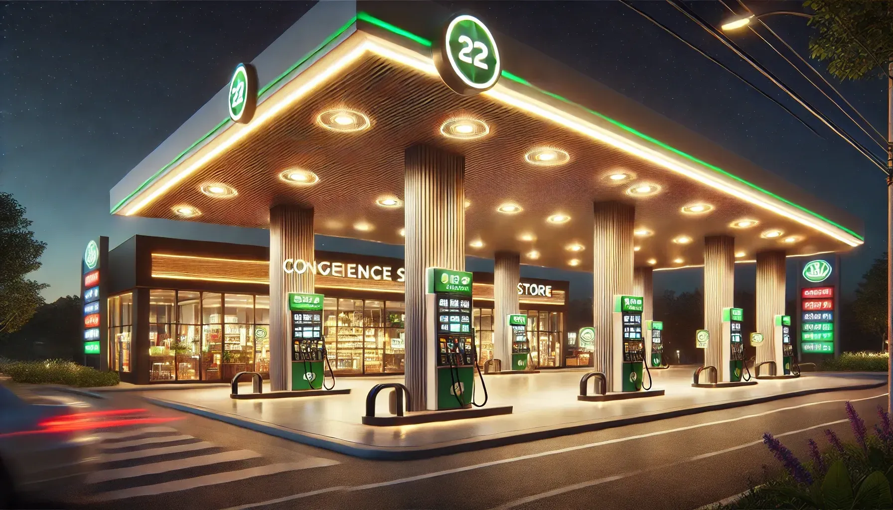 An artist 's impression of a gas station at night.