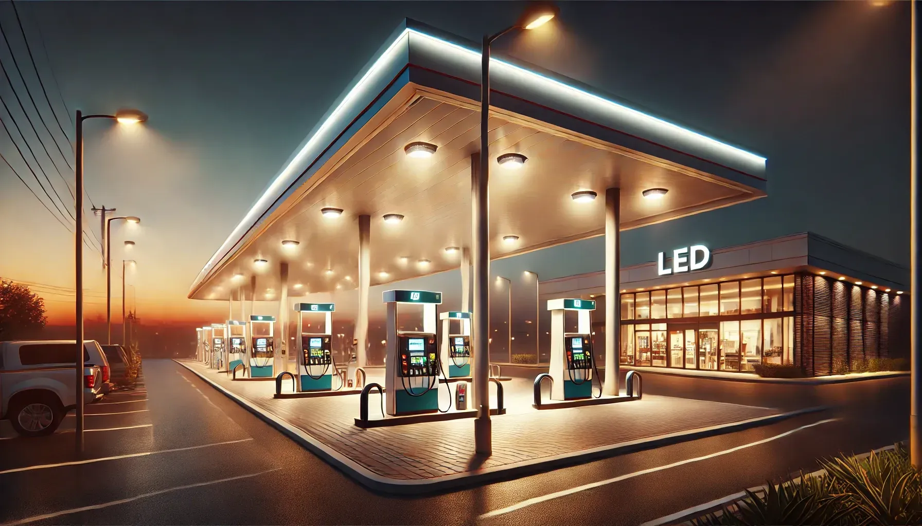 An artist 's impression of a gas station at night.