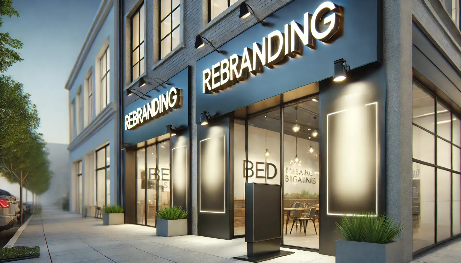 A building with a sign that says rebranding on it.