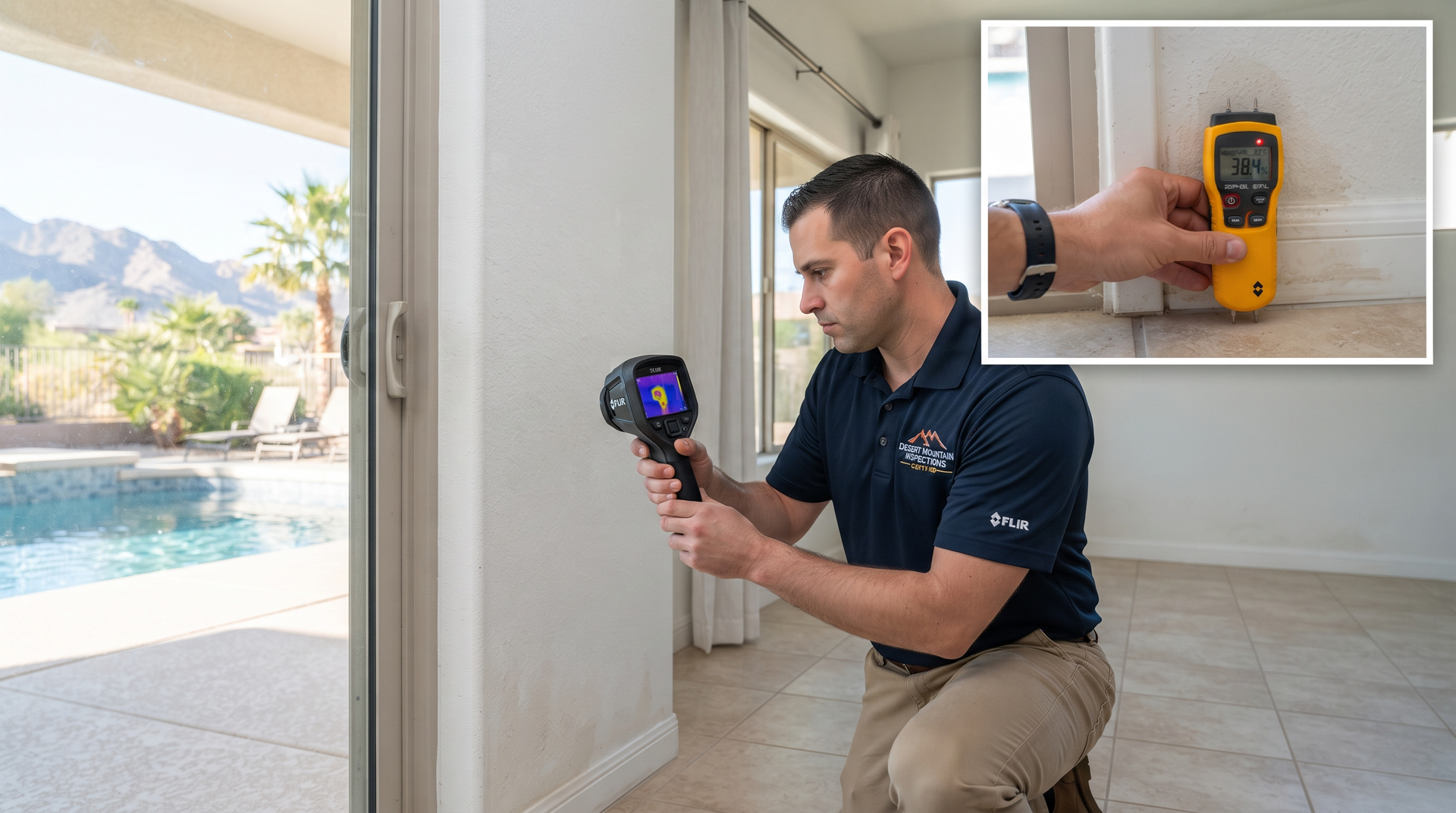 Technician using a thermal camera near a sliding door, with an inset showing a heat meter reading against the wall.