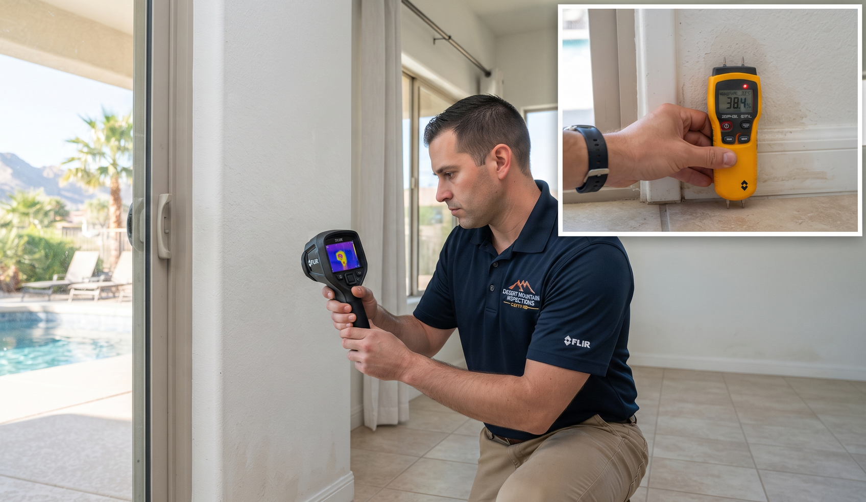 Technician kneeling with thermal camera, inspecting a wall near a window; inset shows a wall scanner on a stud.