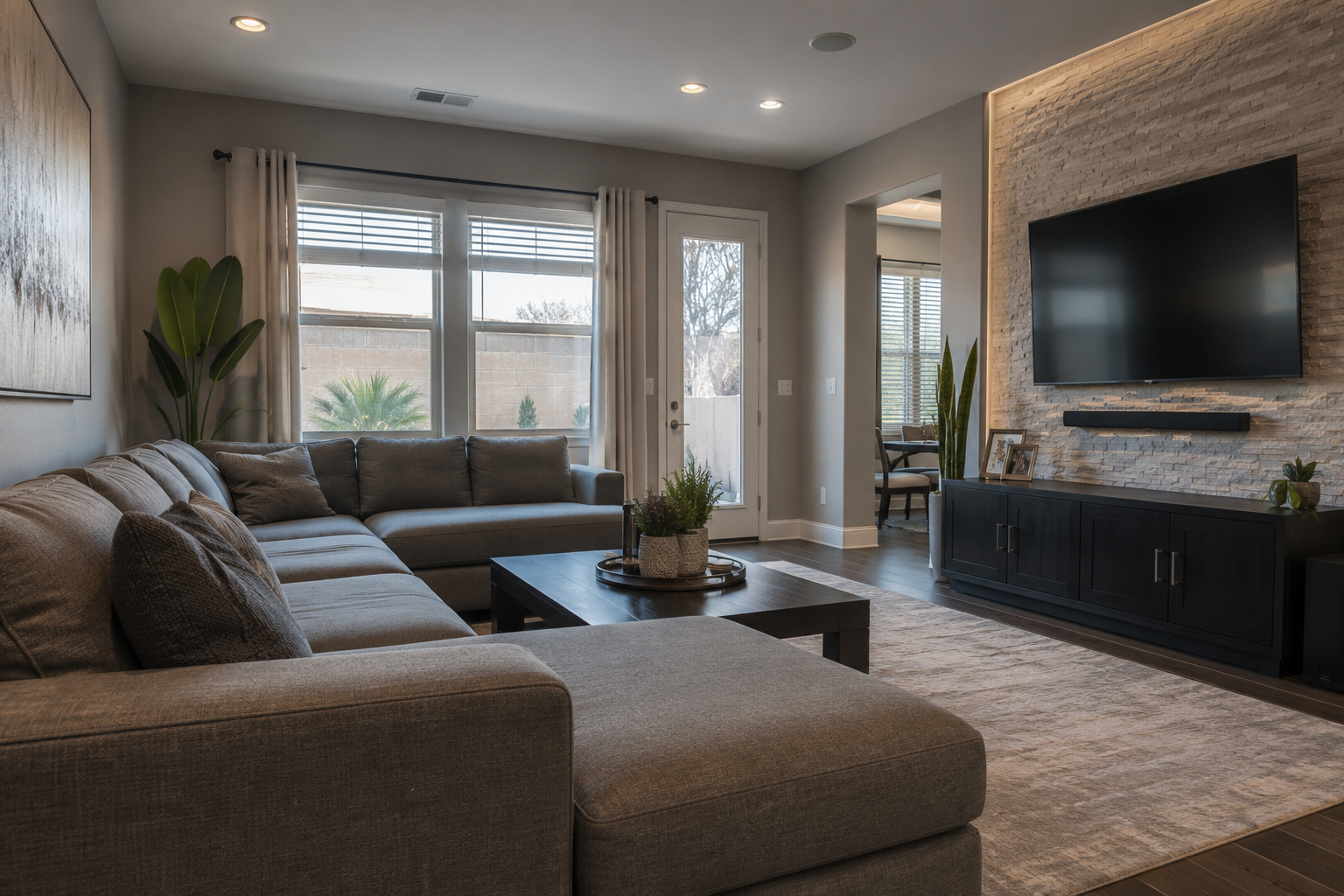 Modern living room with gray sectional sofa, wall-mounted TV, and large windows