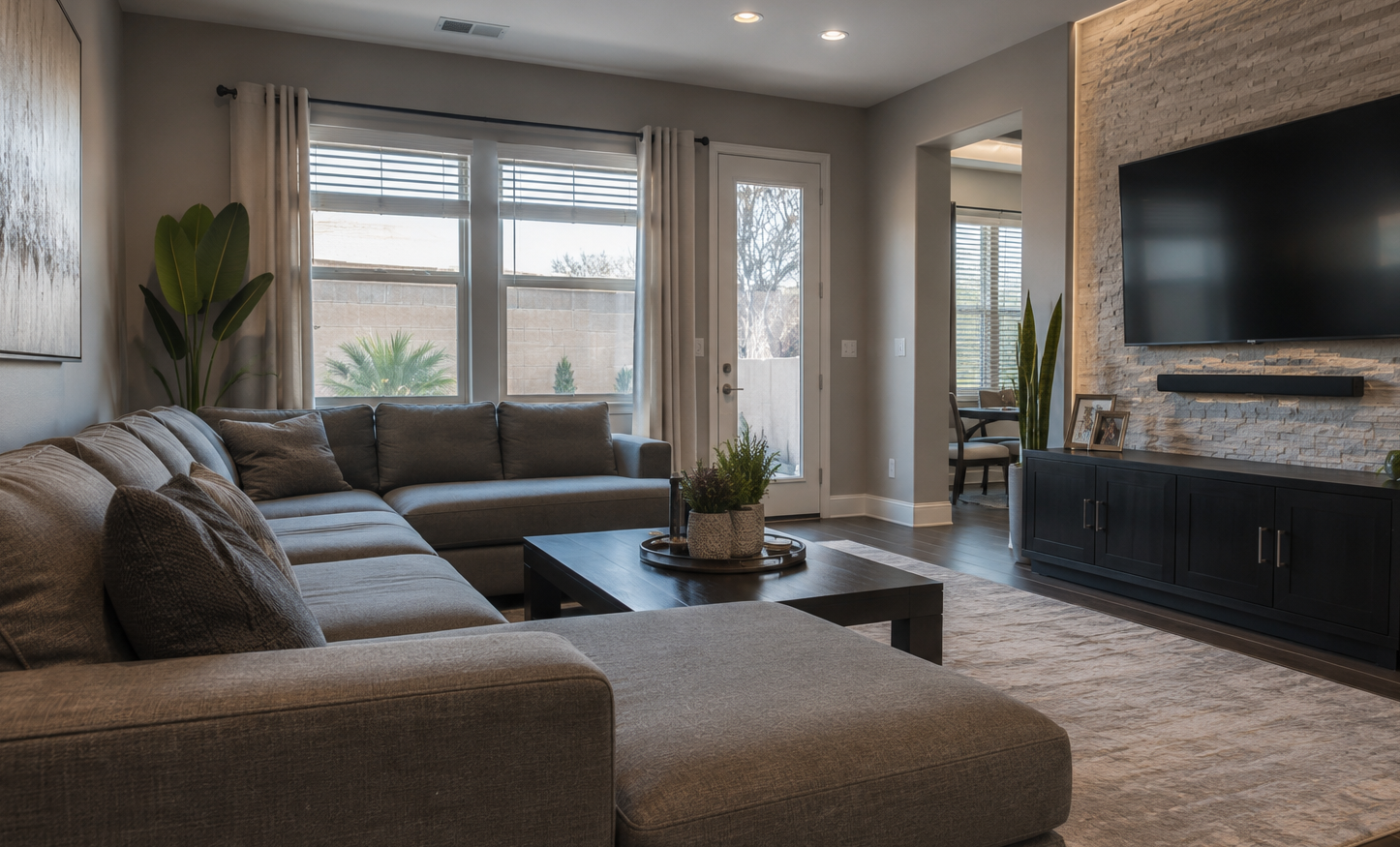 Modern living room with gray sectional, wall-mounted TV, coffee table, and large windows