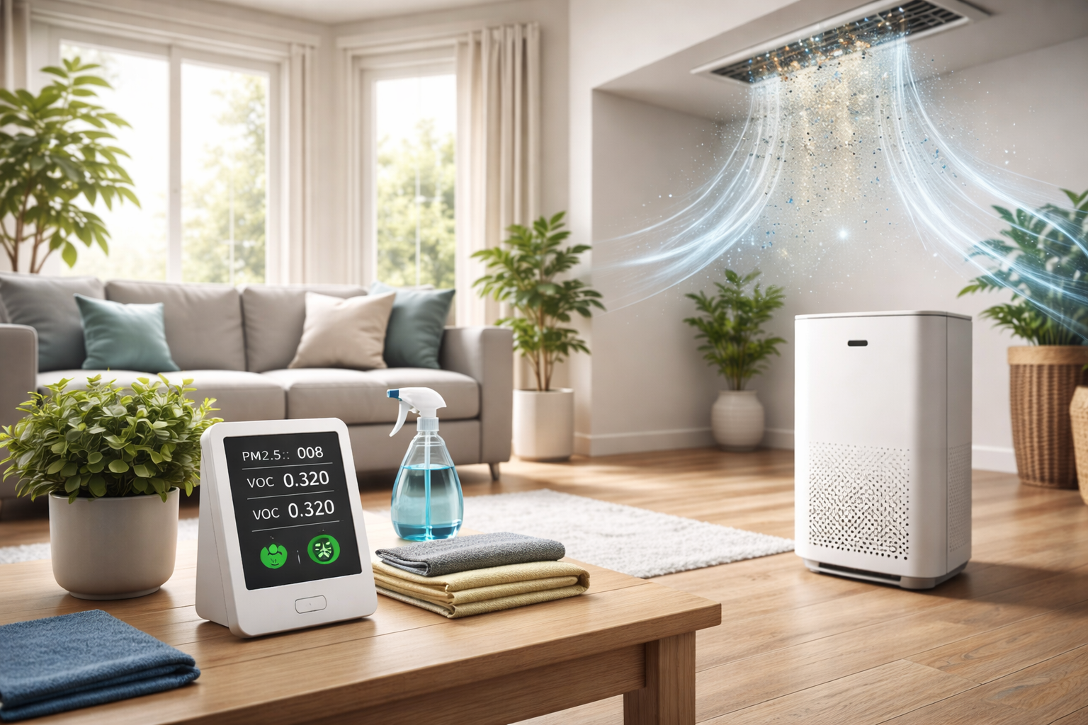 Living room with air purifier, sensor, and ceiling vent cleaning air; plants and sofa.