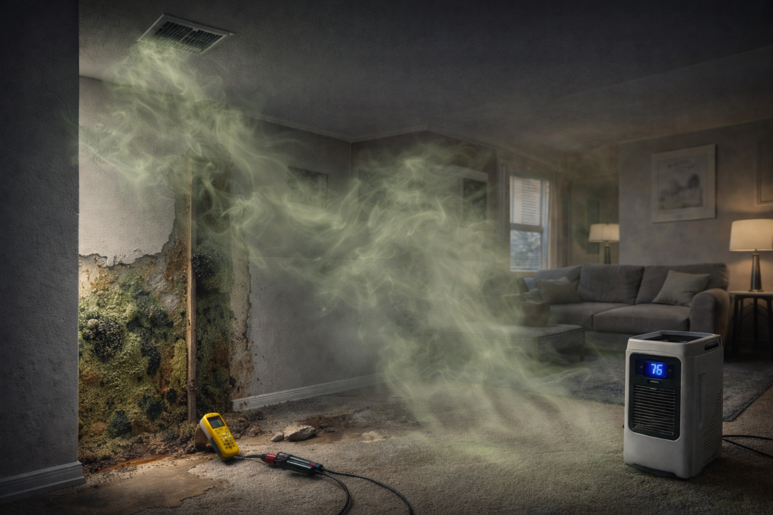 cloud of green smoke in a mold-infested room.