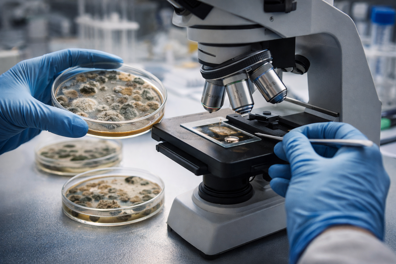 Scientist in blue gloves examines petri dishes with a microscope in a laboratory.