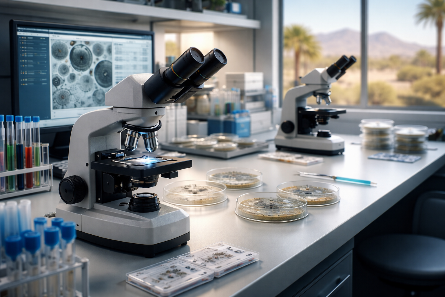 Microscopes and petri dishes on a lab bench; a computer screen displays cells.