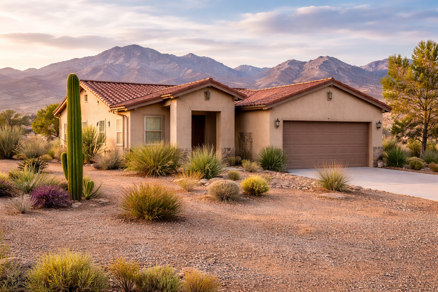 Desert home with a tiled roof and attached garage, set against mountain backdrop.