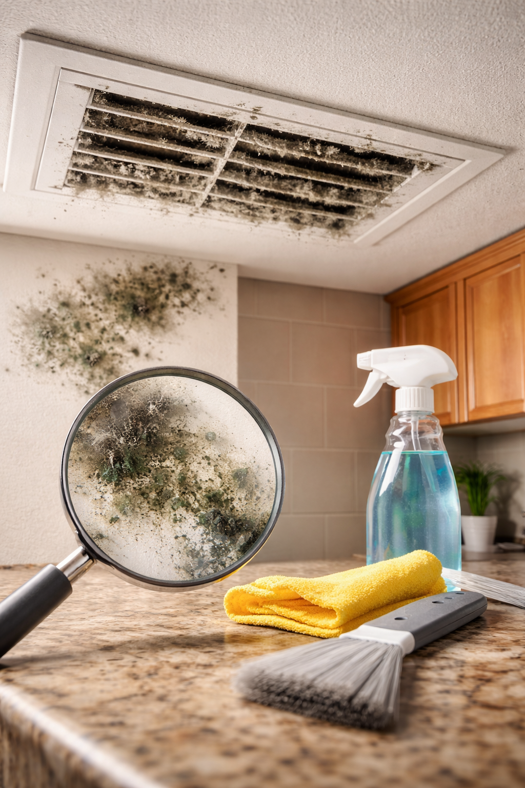Moldy air vent and wall in a kitchen, magnified view with cleaning supplies.