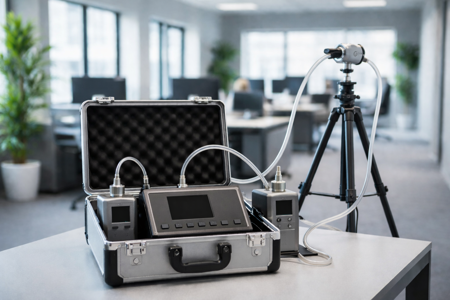 A silver briefcase with testing equipment on a white table in an office setting.