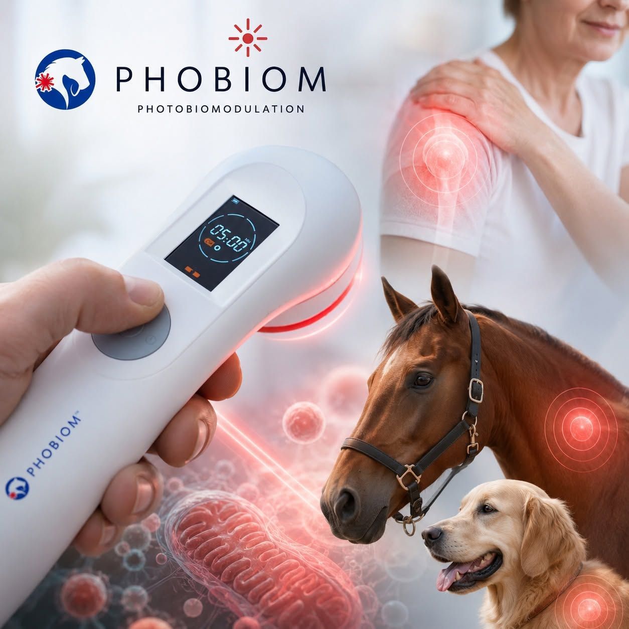 Phobiom handapparaat voor de behandeling van een paard en een hond, met oplichtende pijnpunten en een medische achtergrond.