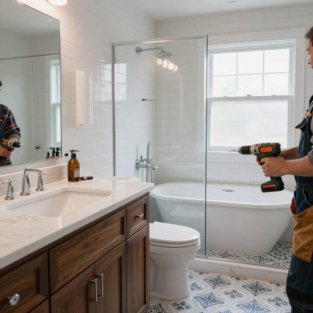 Bathroom renovation with a person drilling near a bathtub and tile floor