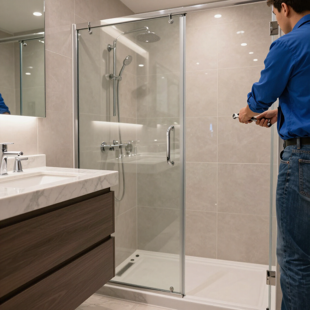 Modern bathroom with glass shower enclosure and a person adjusting the door.
