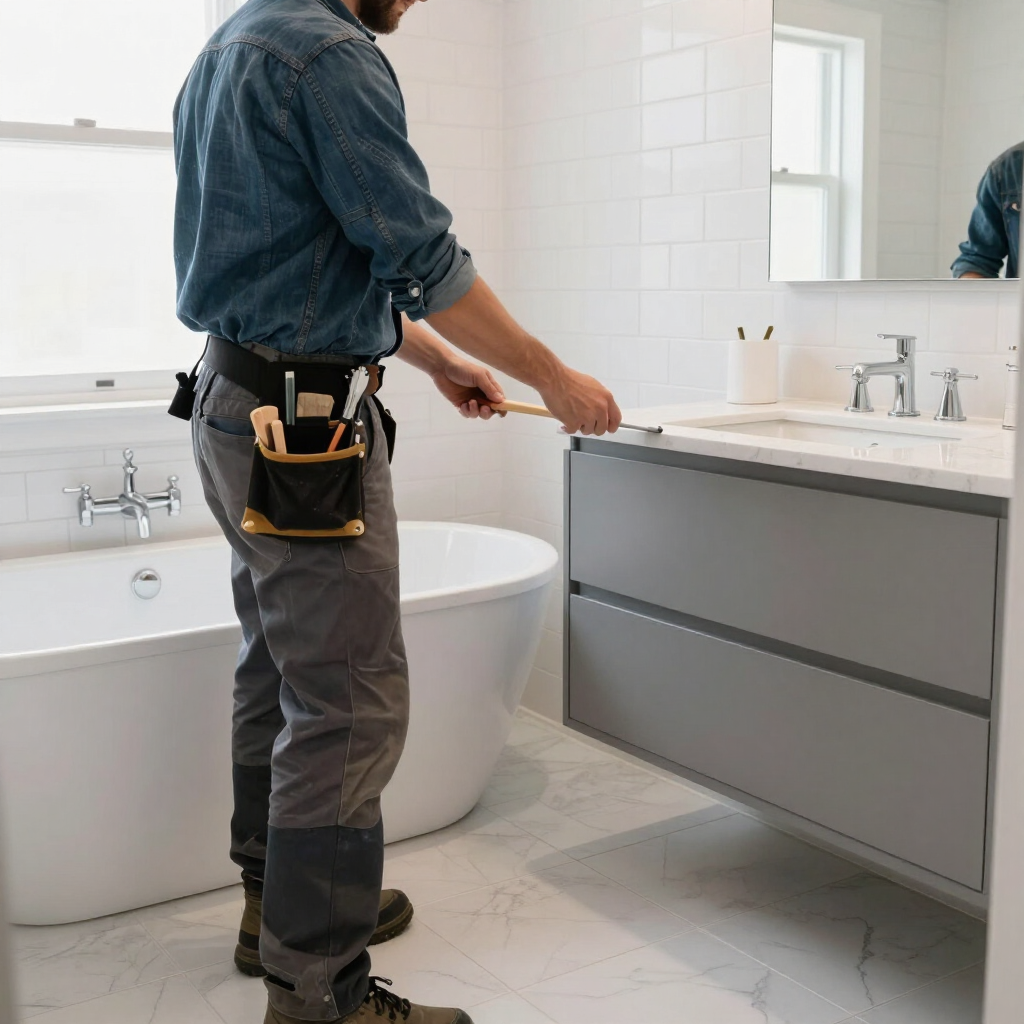 Plumber tightening a bathroom vanity beside a tub and sink