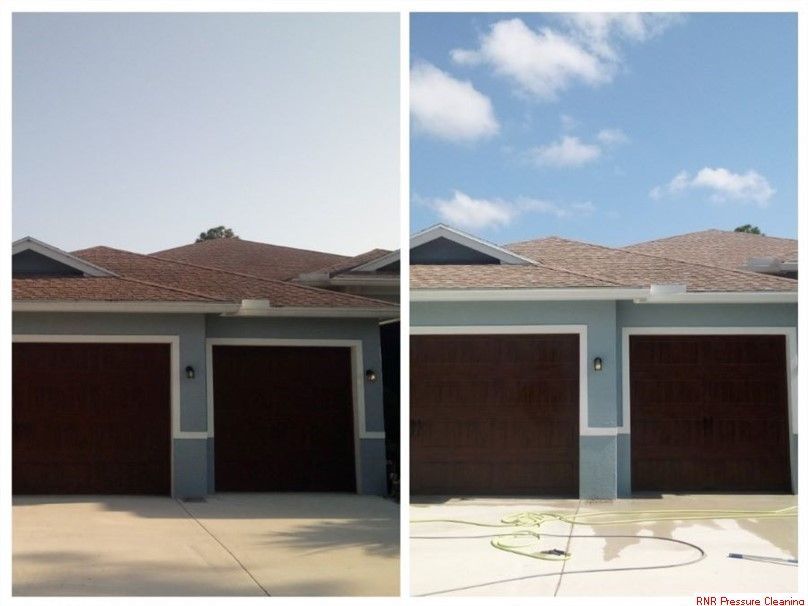A before and after picture of a house and driveway that has gotten an exterior cleaning.