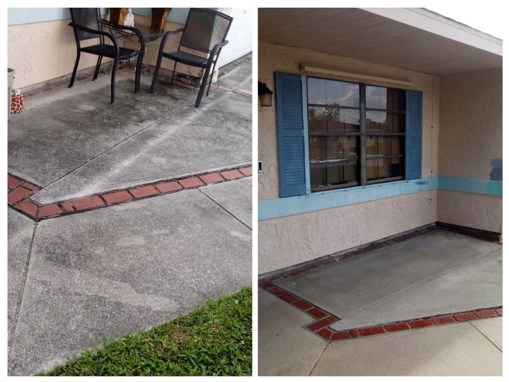 Image of a concrete patio that has been pressure washed. You can see a split image of the paito showing the before and after impact of pressure washing.