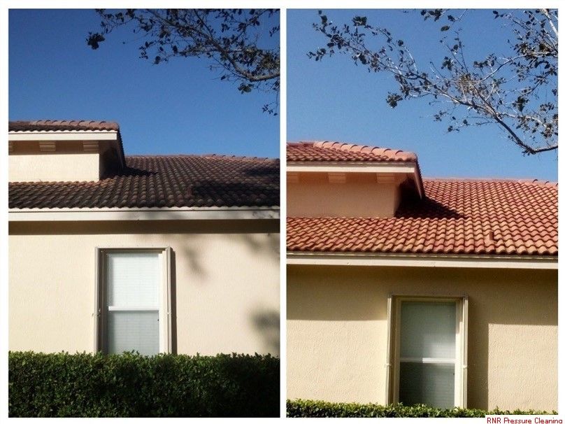A before and after picture of a house with a tiled roof. You can see the difference roof washing can make.