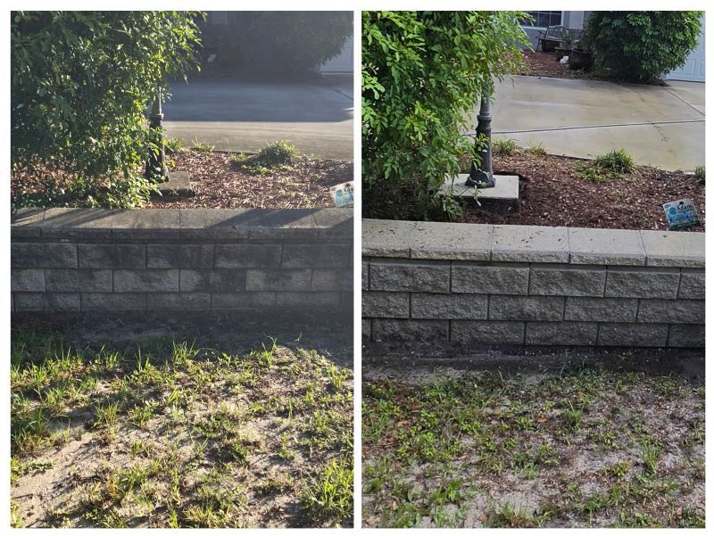 Image of a before and after image of a stone retaining wall after cleaning.