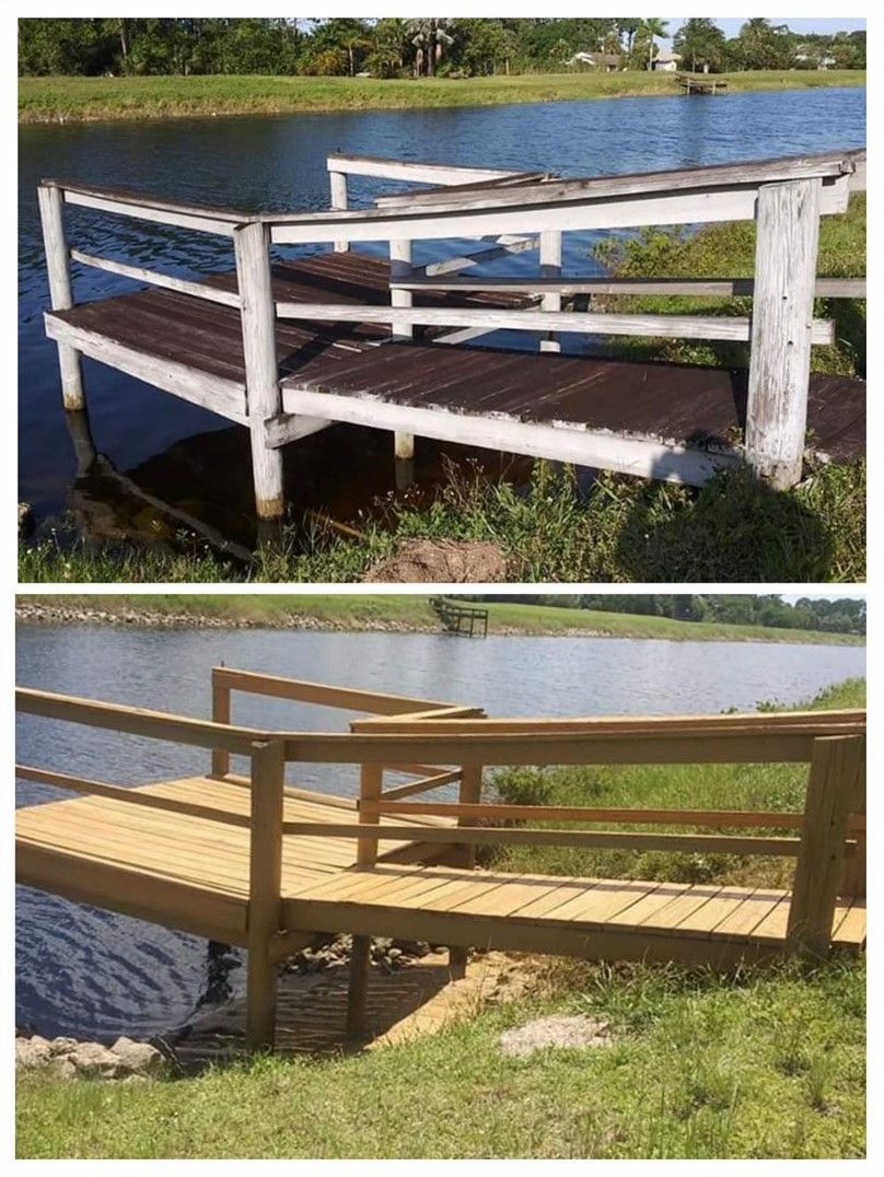 Picture showing a wooden dock before and after wood cleaning. 