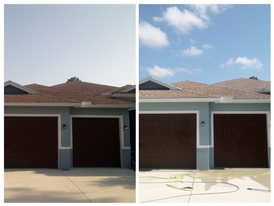 Picture of a concrete cleaning job done a home in Port ST. Lucie, FL. You can see a houses driveway split into two images showing before and after effects of pressure washing concrete. 