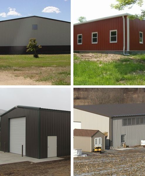 Collage of four industrial metal buildings in gray, red, and white on grassy and snowy lots