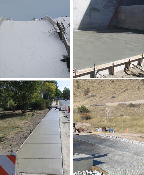 Four views of concrete ramps and walkways in outdoor settings, including sloped surfaces and roadside paths.