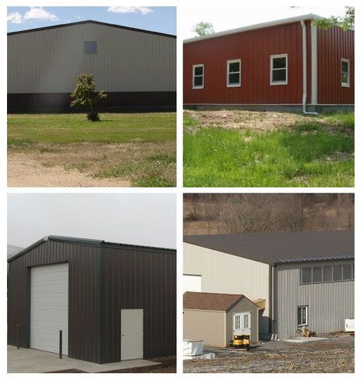 Four metal storage buildings in a 2x2 collage, in gray, red, and dark brown, outdoors on grassy lots