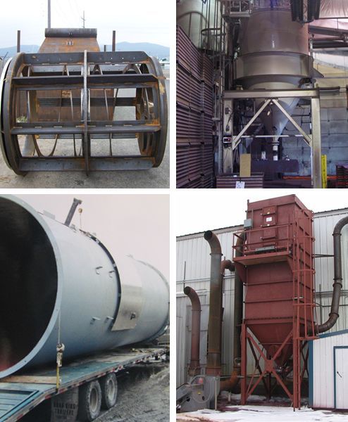 Industrial machinery: large metal tanks, ducts, and a red dust collector in a factory setting
