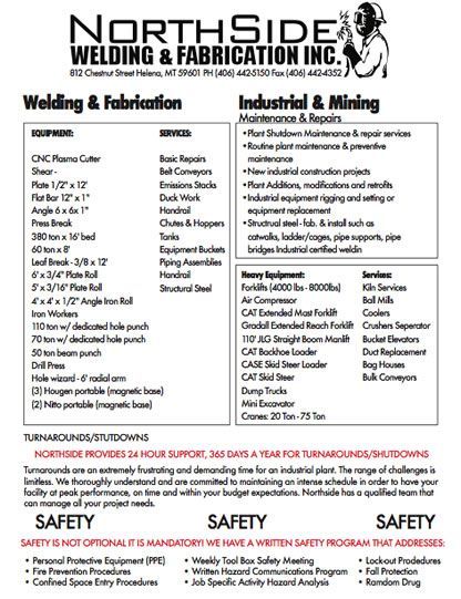 NorthSide Welding & Fabrication services flyer with welding, fabrication, industrial, and safety information