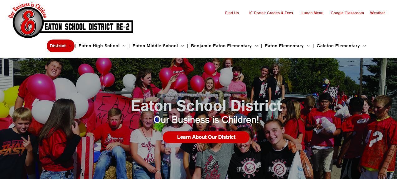 Eaton School District home page screen shot.