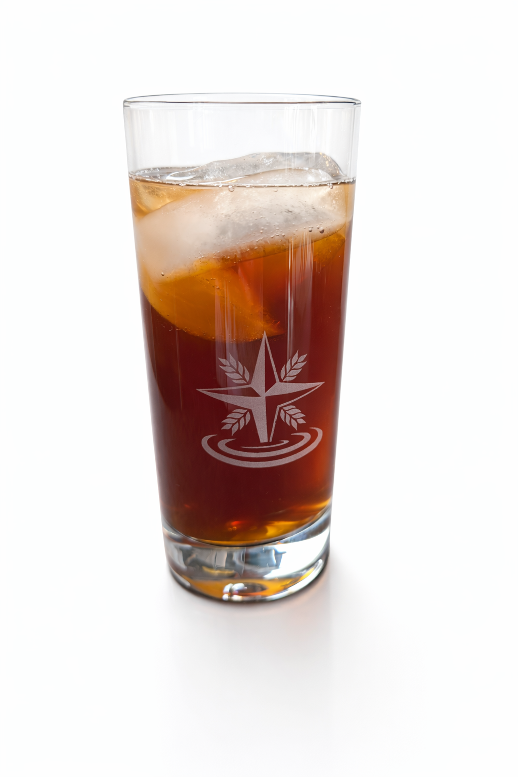 Tall crystal glass with logo.