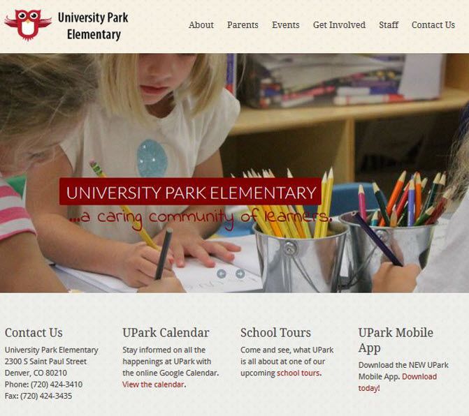 University Park Elementary home page screen shot.