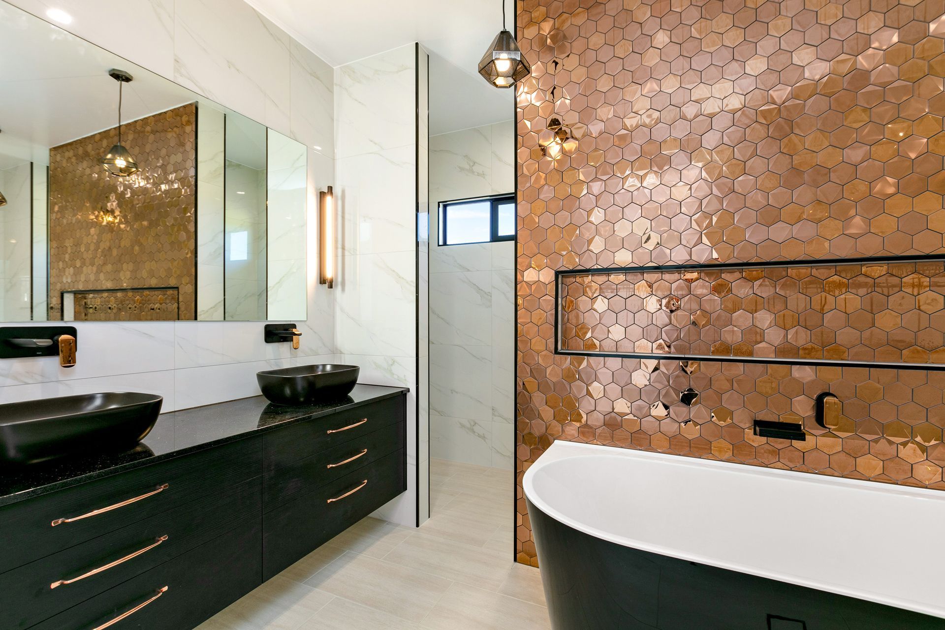 Modern Bathroom With Black Vanity, Dual Vessel Sinks — Ashlee Jones Homes in Gordonvale, QLD