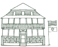 Line drawing of a two-story house with a porch and a flag on a pole beside it.