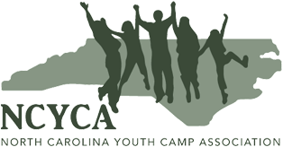 NCYCA logo with green silhouette of campers cheering over North Carolina outline