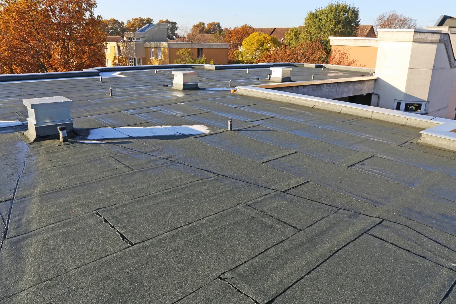 Flat, black commercial roof with vents, in a sunny setting.