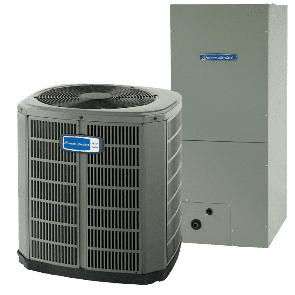An air conditioner and a gas heater are sitting next to each other on a white background.