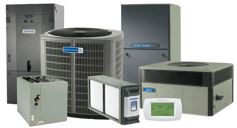 A group of air conditioners and thermostats are sitting next to each other on a white background.