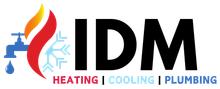 A logo for a company called idm heating , cooling , and plumbing.