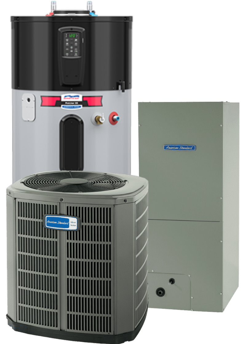 A heater , air conditioner , and water heater are sitting next to each other on a white background.