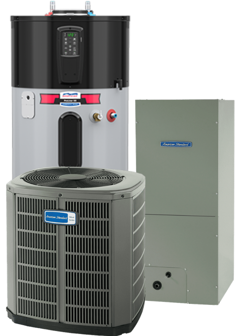 A heater , air conditioner , and water heater are sitting next to each other on a white background.